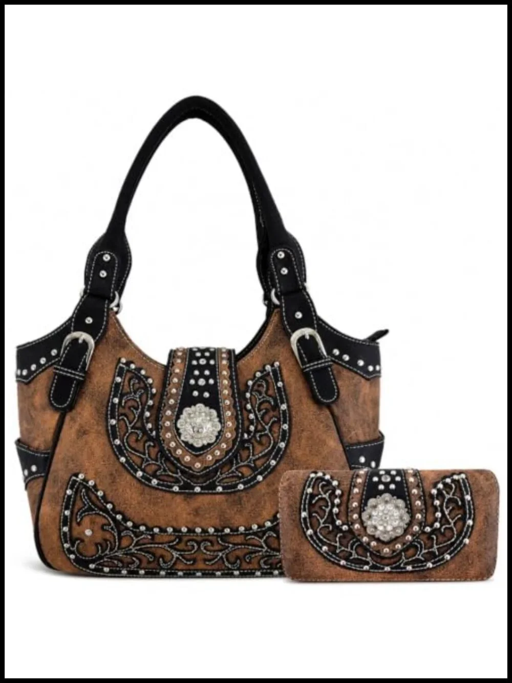 Studded Faux Leather Western Satchel Purse with Matching Wallet, Rhinestone